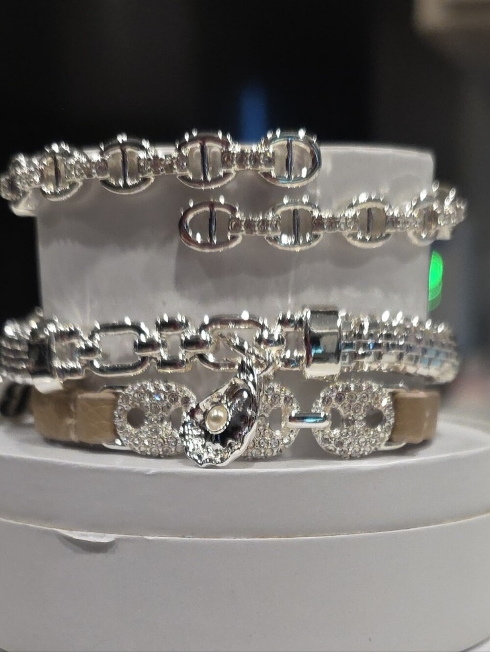 bp Silver and Beige Multi-Row Bracelet Set. Sea Shell With Pearl Charm.